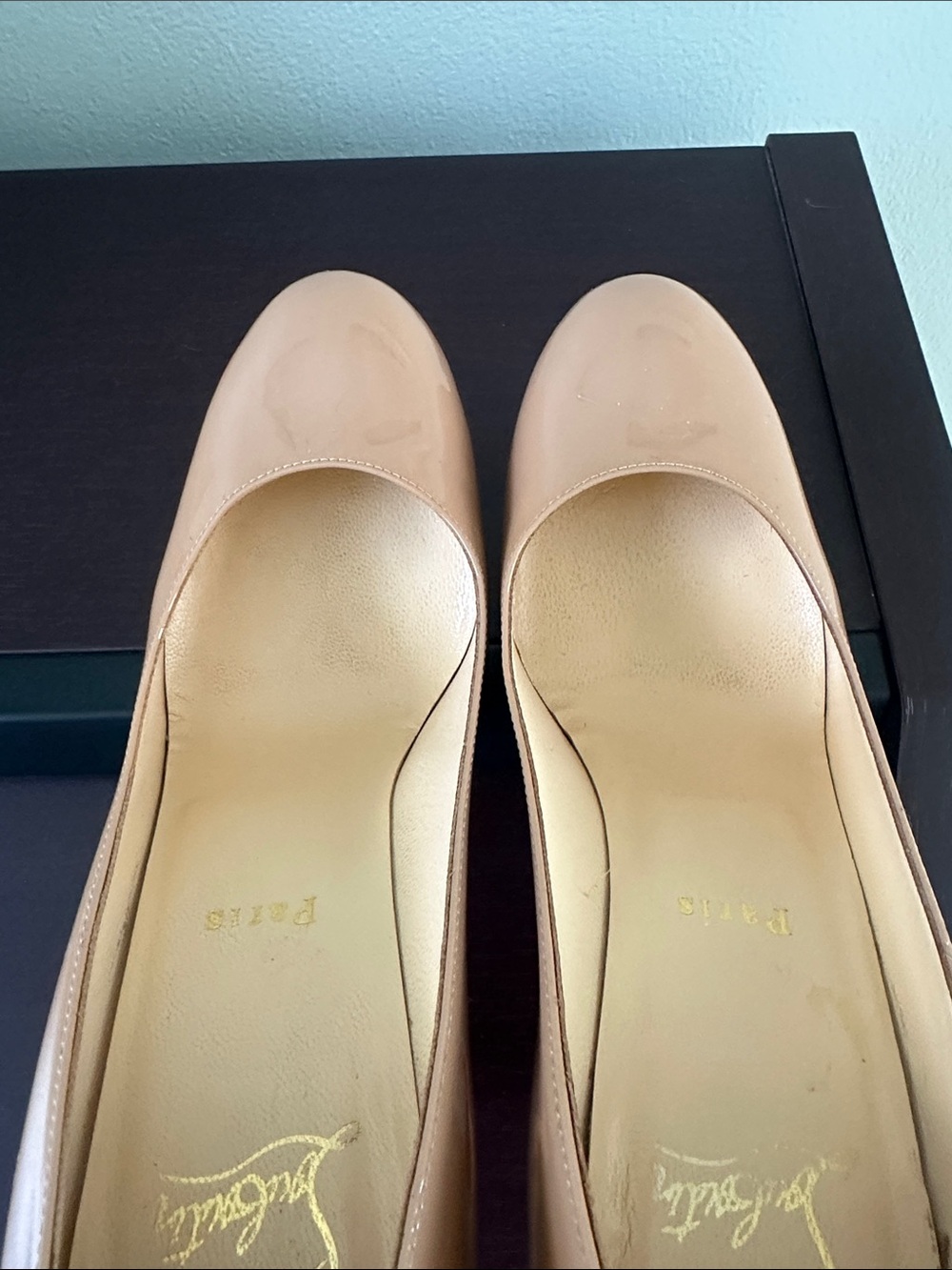 Christian Louboutin Nude Patent Platform Pumps with Red Soles - Picture 11 of 13